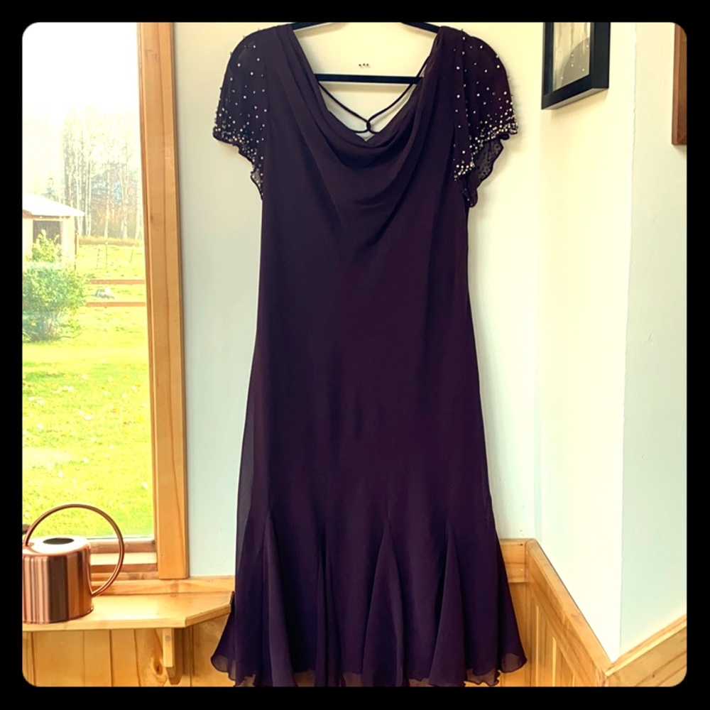 Plum colored trumpet style cocktail dress